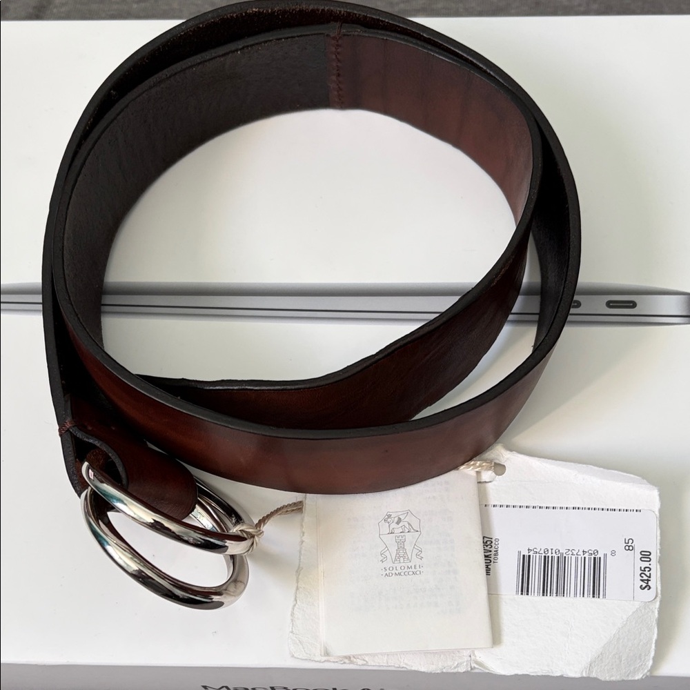 Brunello Cucinelli Dark Brown Leather Belt with Silver Rings